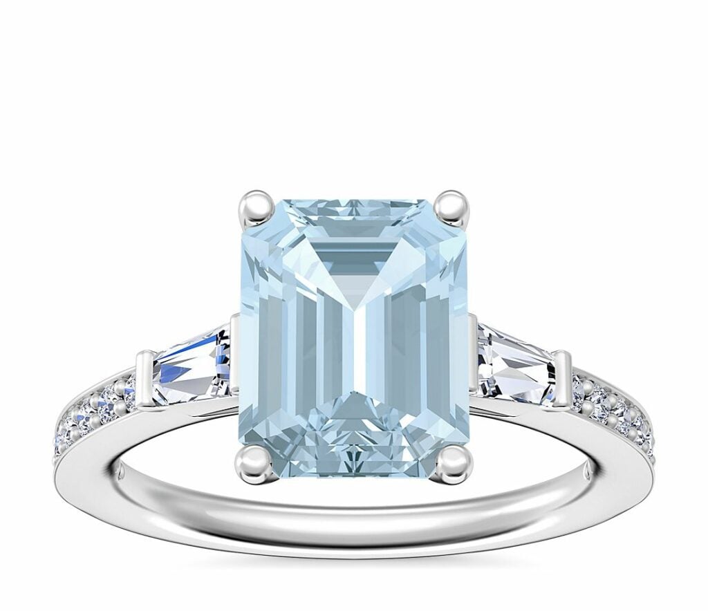 Tapered Baguette Diamond Cathedral Engagement Ring with Emerald-Cut Aquamarine in 14k White Gold Blue Nile