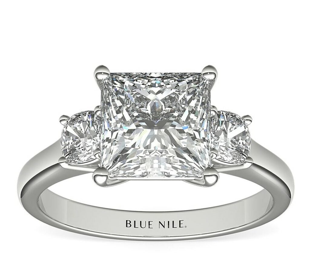 The Gallery Collection™ Cushion-Cut Three-Stone Diamond Engagement Ring Blue Nile - proposing at home