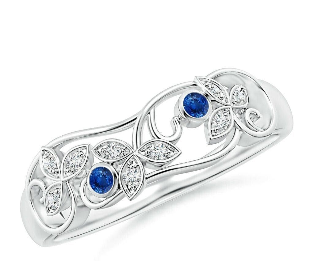 Vintage Style Blue Sapphire and Diamond Flower Scroll Ring Angara - outdoor proposal ideas