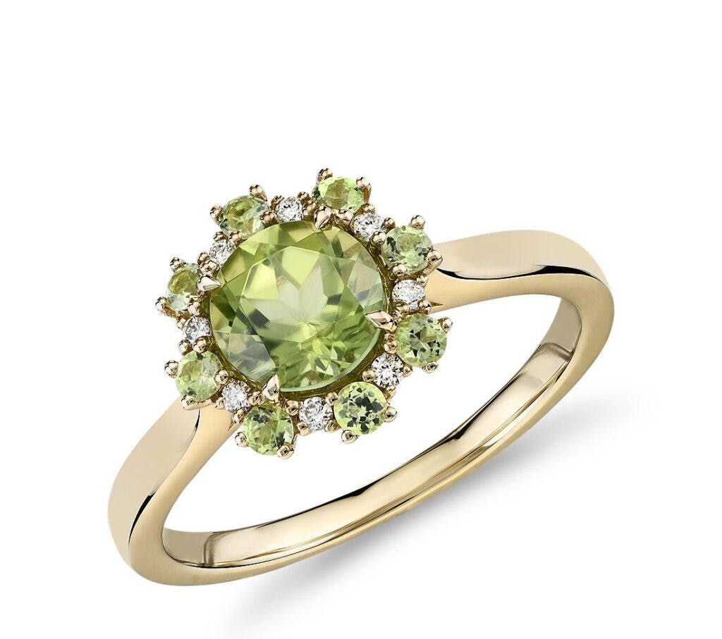 Peridot Ring with Peridot and Diamond Halo in 14k Yellow Gold Blue Nile - best places to propose in the USA