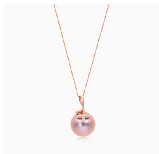 14K Rose Gold Pink Freshwater Cultured Windsor Pearl and Diamond Trio Leaf Pendant James Allen