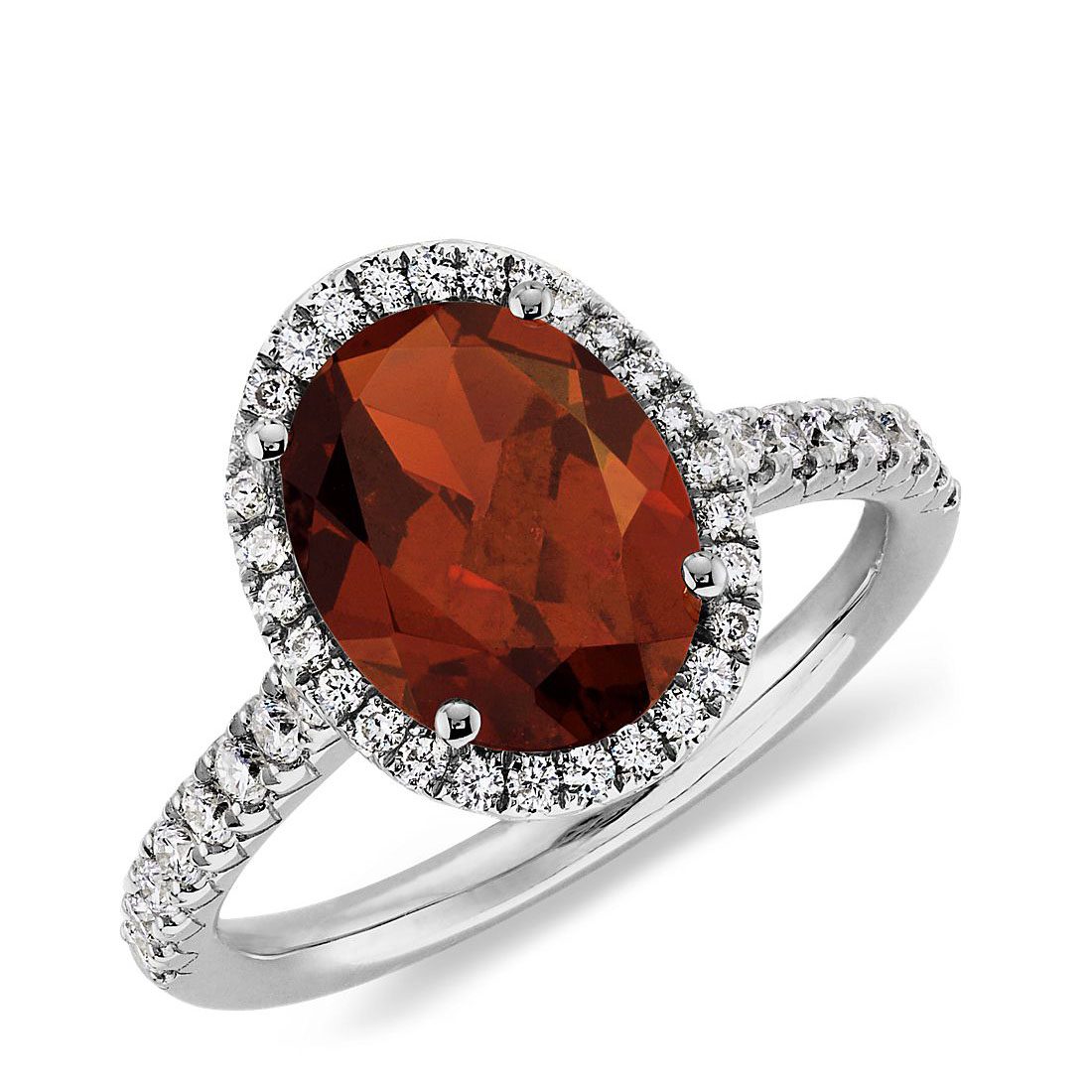 Garnet and Diamond Halo Ring in 18k White Gold Blue NIle