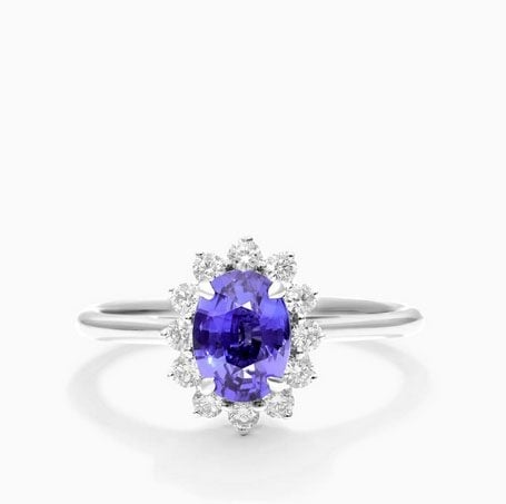 14K White Gold Oval Sunburst Halo Tanzanite and Diamond Ring (7x5mm) James Allen