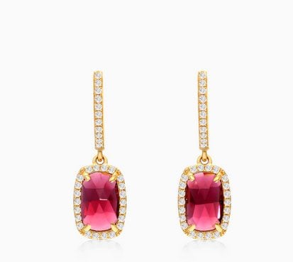 January birthstone - 14K Yellow Gold Elongated Cushion Halo Garnet and Diamond Drop Earrings James Allen