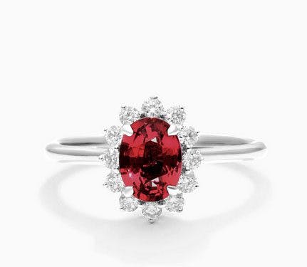 18K White Gold Oval Halo Ruby and Diamond Ring James Allen