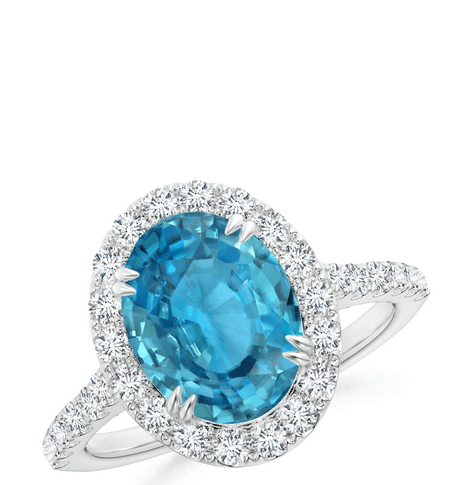GIA Certified Double Claw-Set Oval Blue Zircon Halo Ring with Diamonds Angara