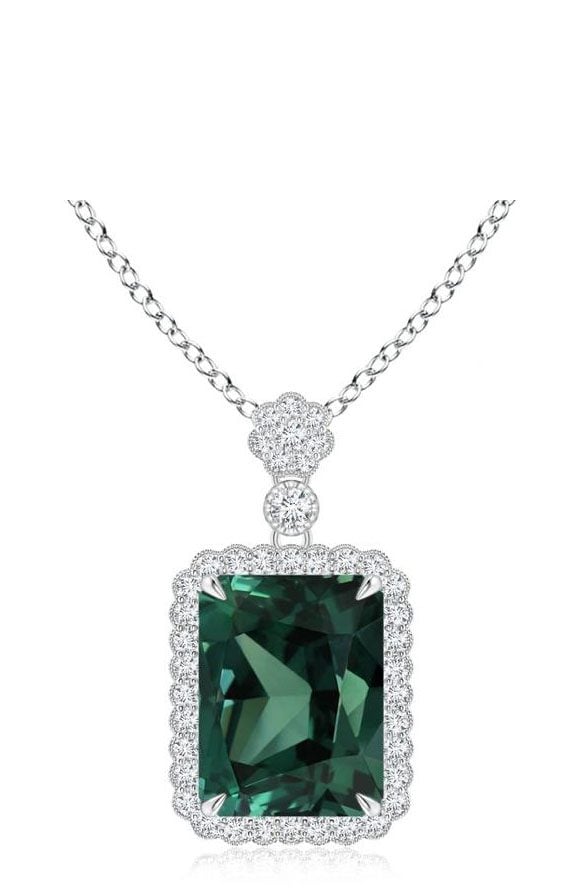 GIA Certified Octagonal Green Sapphire (Teal) Floral Bale Pendant Angara