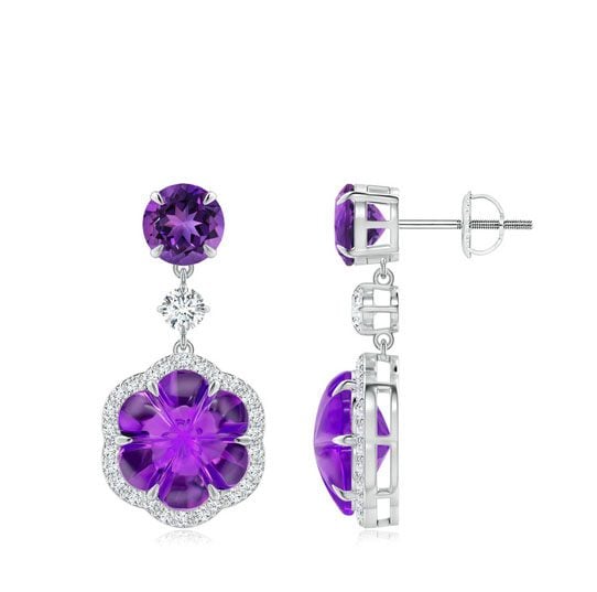 February birthstone - Six-Petal Amethyst Flower Dangle Earrings Angara