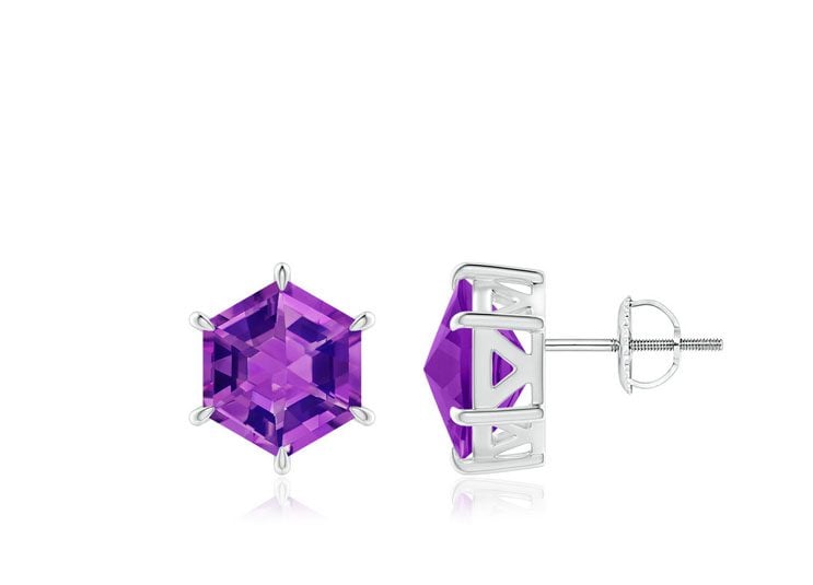 February birthstone - Hexagonal Step-Cut Amethyst Solitaire Studs Angara