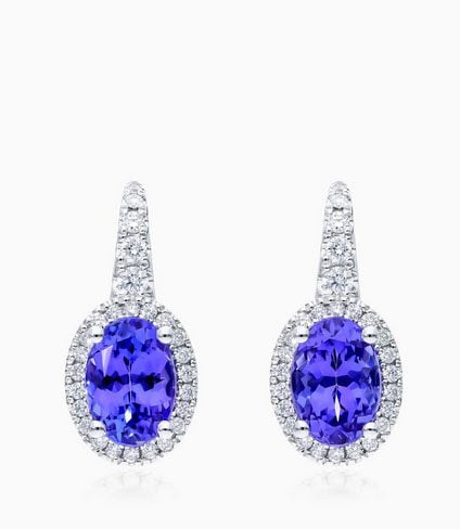 14K White Gold Drop Oval Halo Tanzanite and Diamond Earrings James Allen