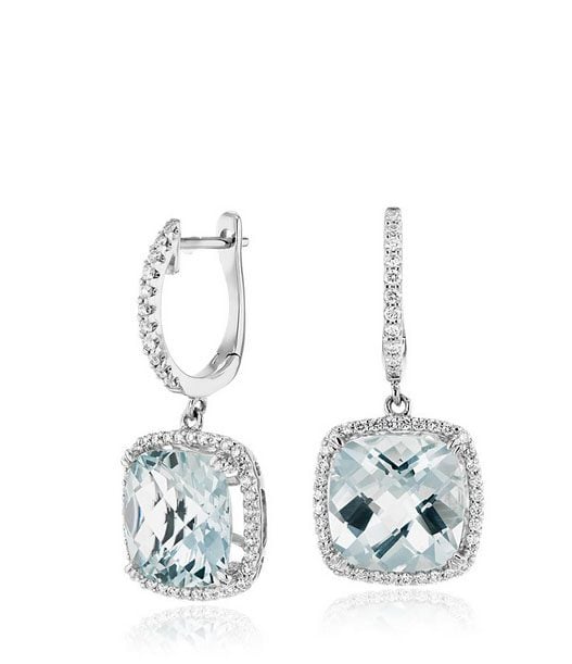 Cushion Cut Aquamarine and Diamond Halo Drop Earrings Blue Nile