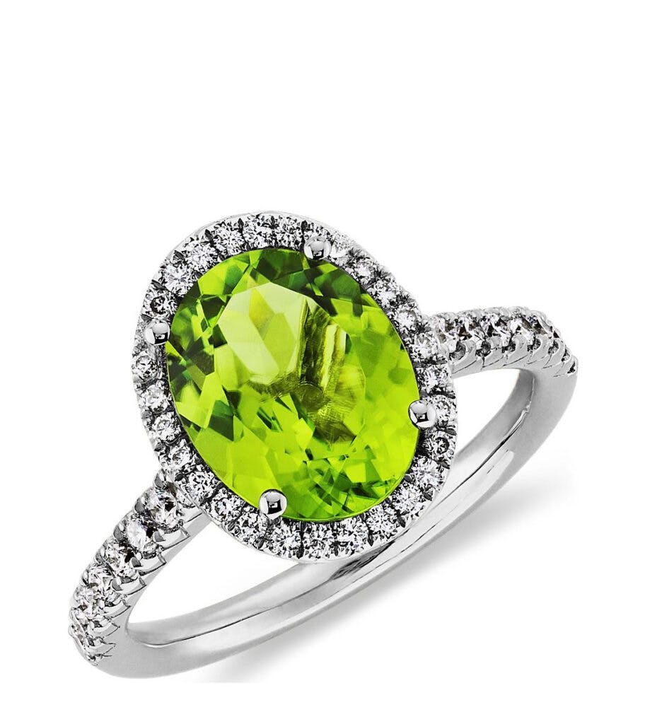 Peridot and Diamond Halo Ring in 18k White Gold Bue Nile