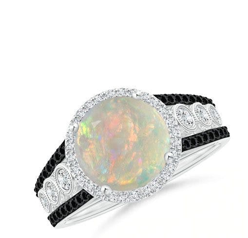 Round Opal Halo Regal Ring with Diamond Accents Angara