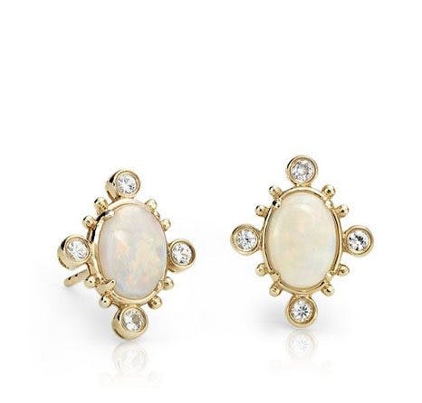 Sunburst Oval Opal and White Sapphire Earrings in 14k Yellow Gold Blue Nile
