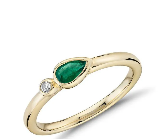 Bezel-Set Pear-Shaped Emerald and Diamond Stacking Ring Blue Nile