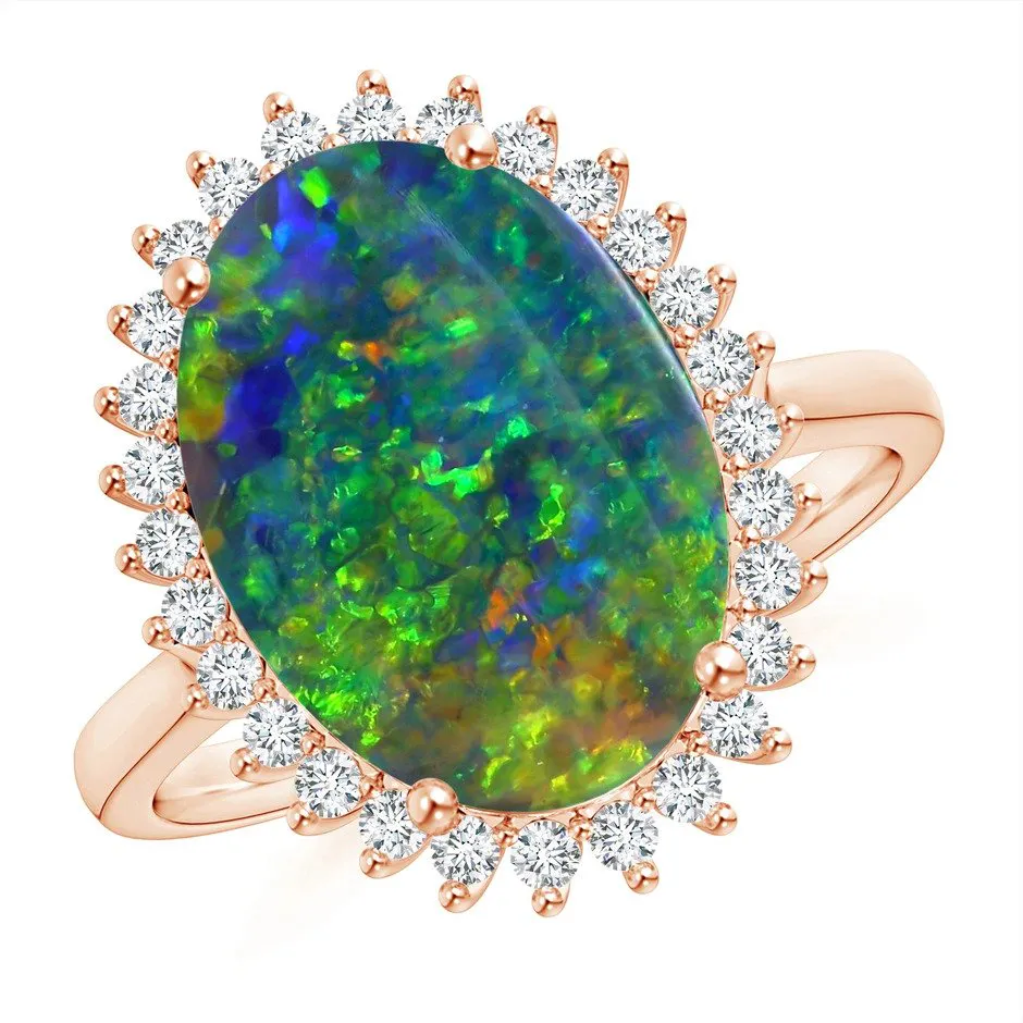 GIA Certified Classic Oval Black Opal Floral Halo Ring Angara