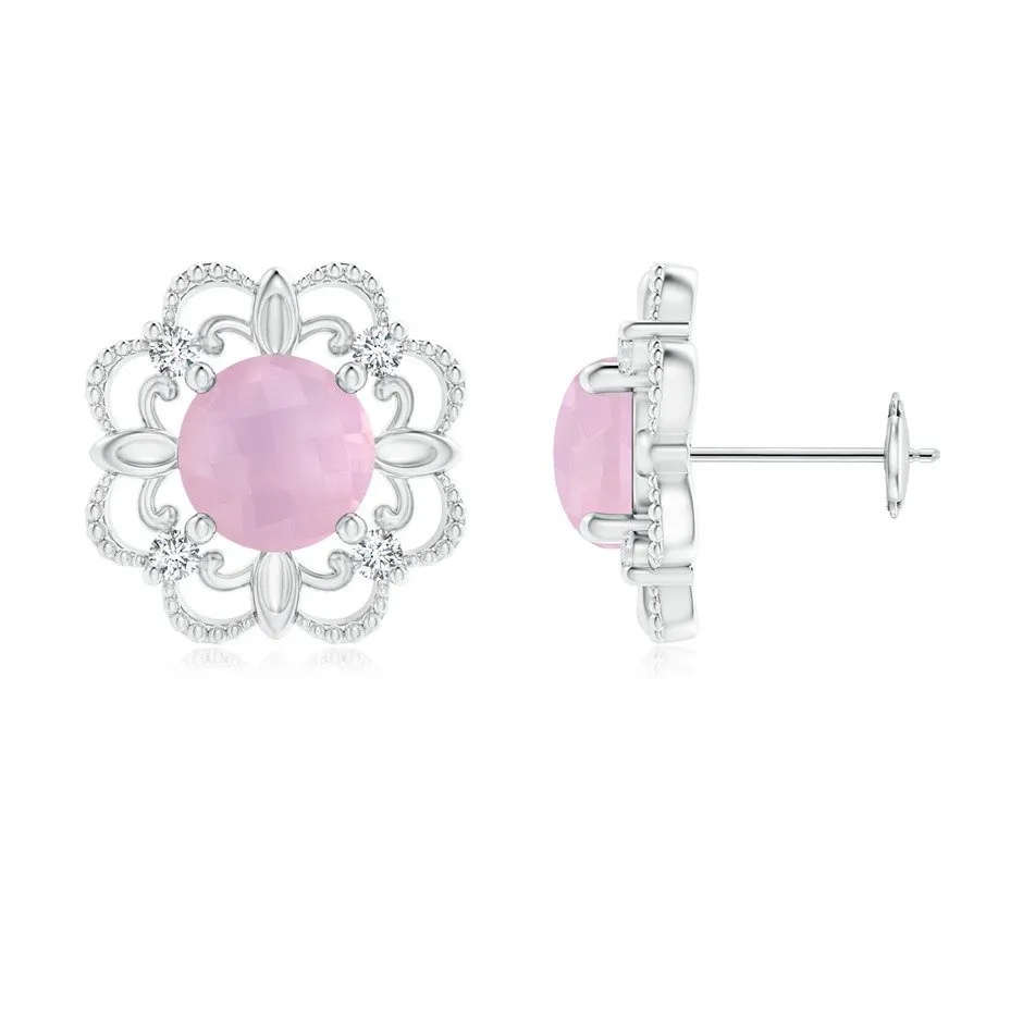 Vintage Style Rose Quartz and Diamond Fleur De Lis Earrings Angara