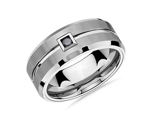 Single Black Diamond Wedding Ring in White Tungsten Carbide Blue NIle