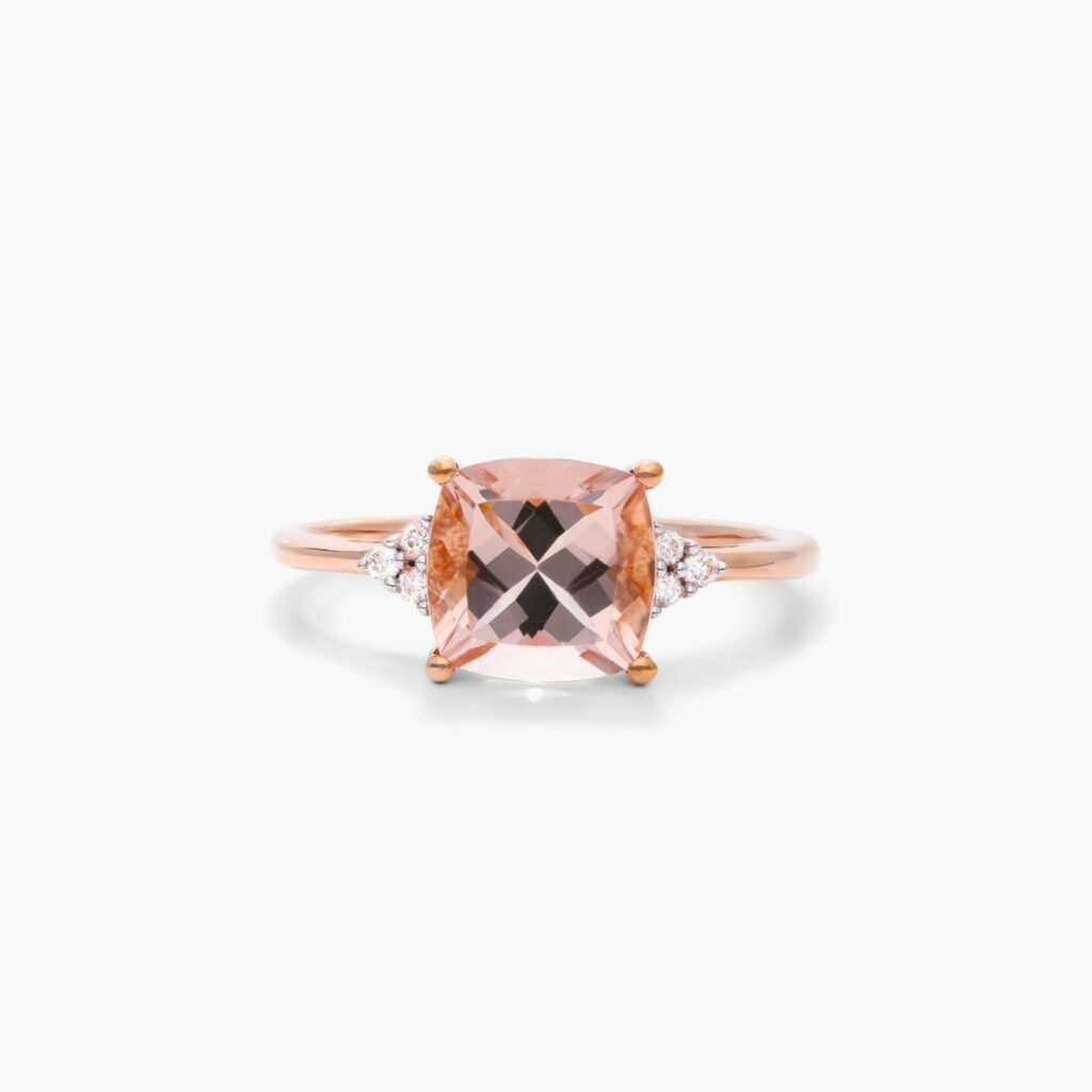 14K Rose Gold Cushion Cut Morganite and Diamond Trio Accent Ring James Allen