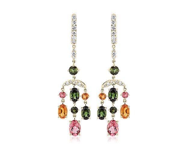 Tourmaline and Citrine Diamond Chandelier Earrings in 14k Yellow Gold Blue NIle