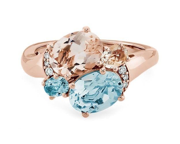Morganite and Aquamarine Cocktail Ring with Diamond Accents in 14k Rose Gold Blue NIle