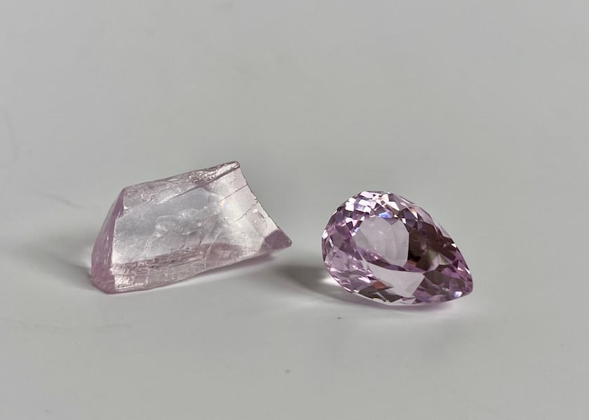 Spodumene, kunzite variety - rough and cut