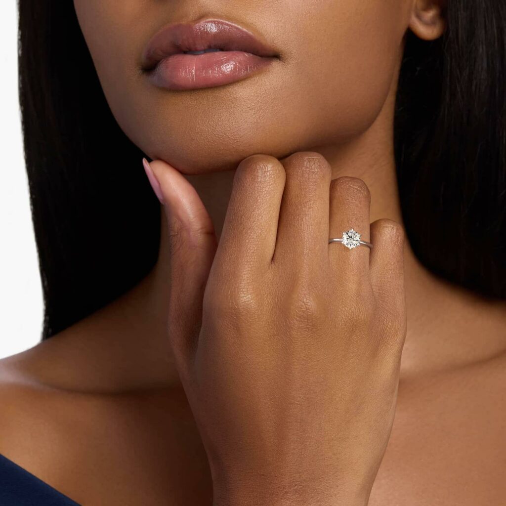 two carat round diamond in a 14K white gold solitaire Blue NIle