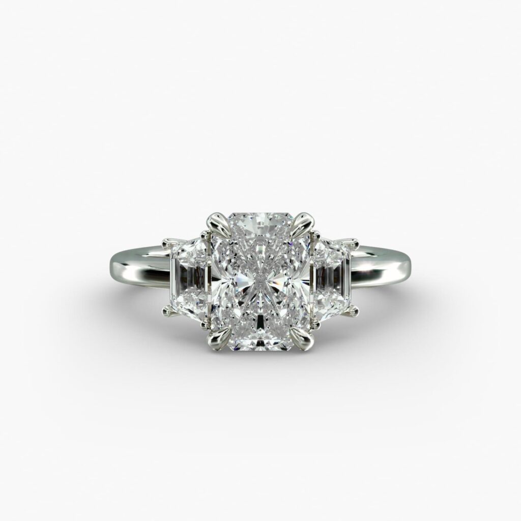 Bella Vaughan Trapezoid Three Stone Engagement Ring in Platinum Blue NIle