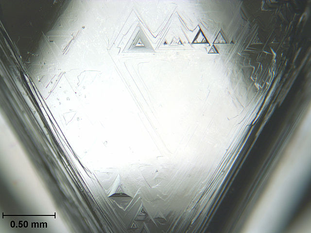Trigon inclusions are part of a natural, uncut diamond's original crystal structure. These were photographed on the surface of a rough diamond through a microscope. If trigons are found on a faceted gemstone girdle, it's a good indication the stone is a natural diamond. Identifying inclusions is just one step in the process of identifying gemstones. “Diamond Face Trigons Scale” by Gump Stump is licensed under CC By-SA 3.0