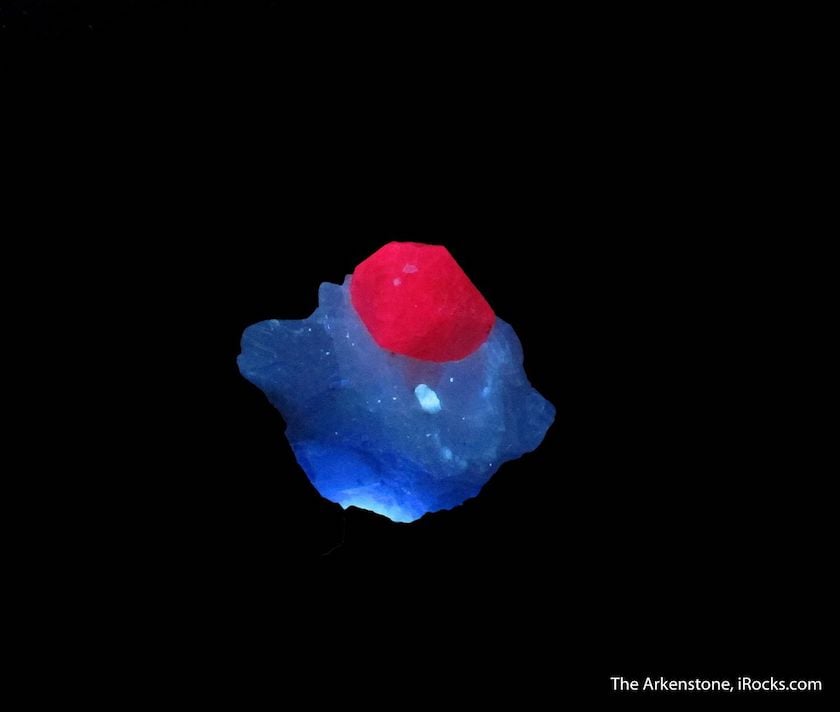 ruby crystal on white marble matrix, fluorescence - Pakistan