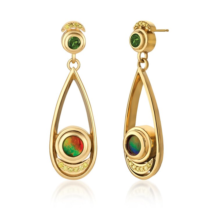 tourmaline buying - Eclipse earrings with chrome tourmaline posts, canary diamond, ammolite