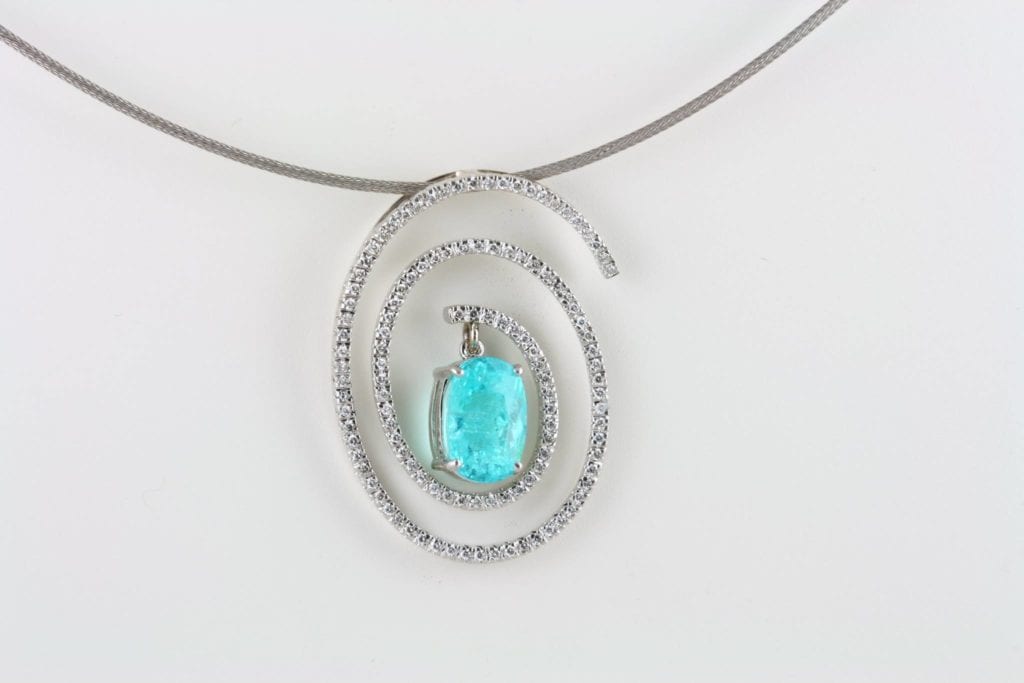 paraíba tourmaline buying guide - 5.25ct paraiba in spiral pendant
