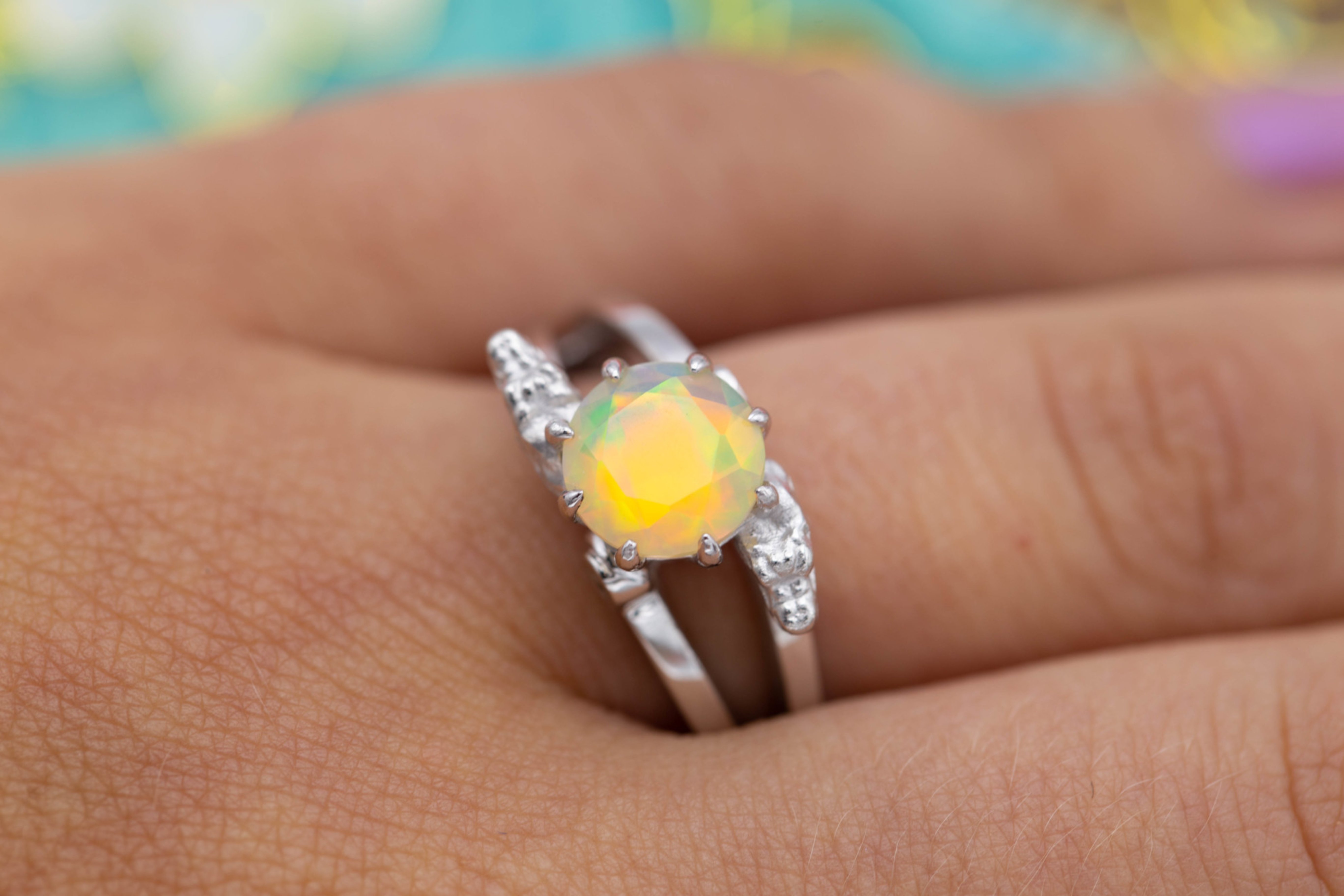 faceted white opal - opal engagement ring