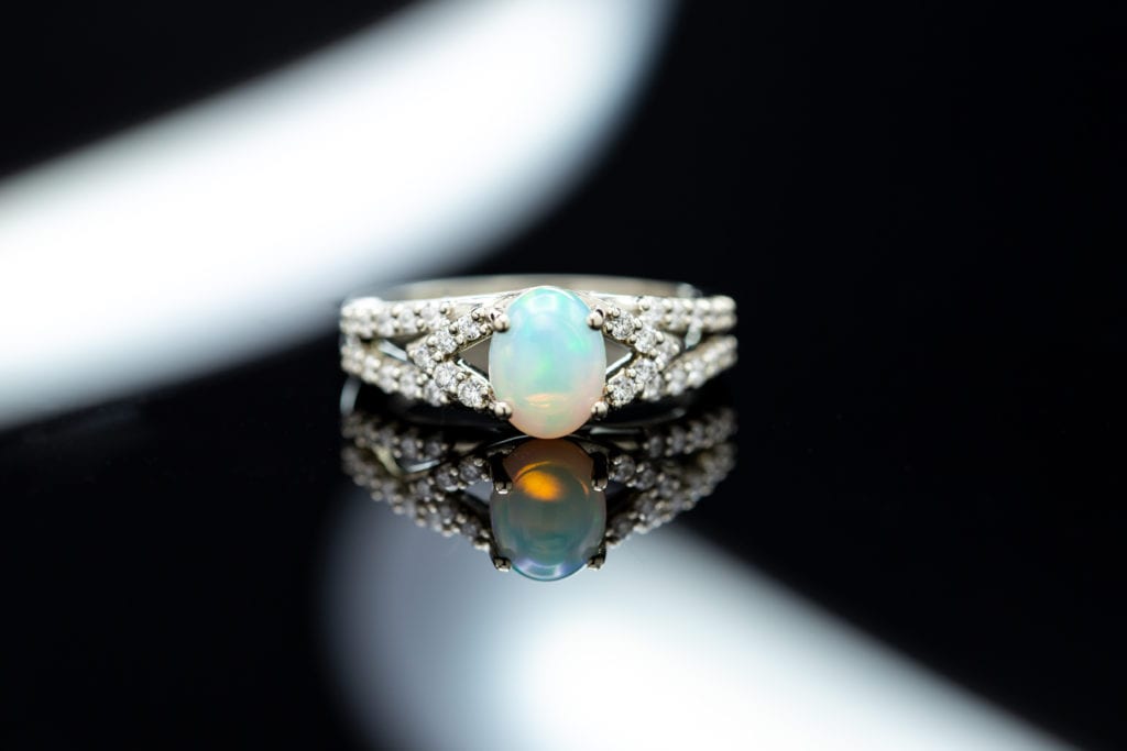 CloseoutWarehouse Simulated Opal Oval Sided by Triangle Stones Cubic Zirconia Ring 925 Sterling Silver