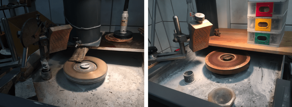 lapidary technology history - Diamond sintered cutting lap and copper polishing lap in Idar-Oberstein in 2017. Photo by Justin K Prim