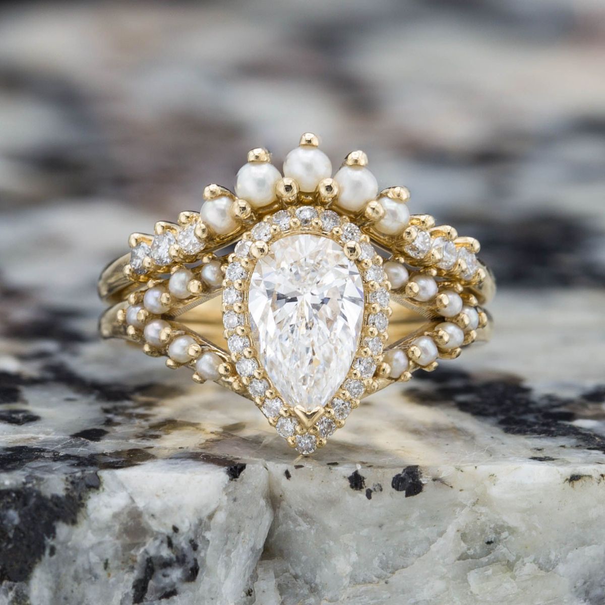halo ring with seed pearls - vintage engagement rings
