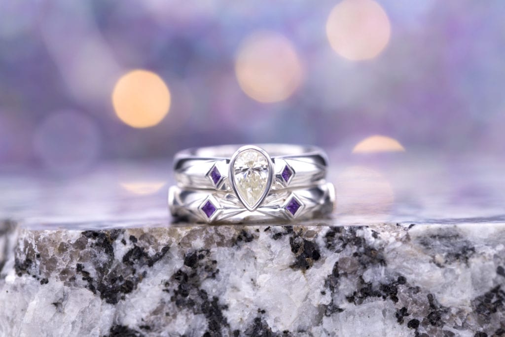 pear-cut diamond engagement ring - silver and amethyst accents