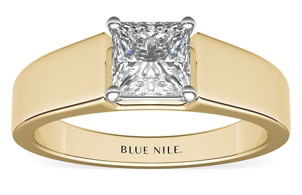 Wide Band Solitaire Engagement Ring in 18k Yellow Gold Blue NIle