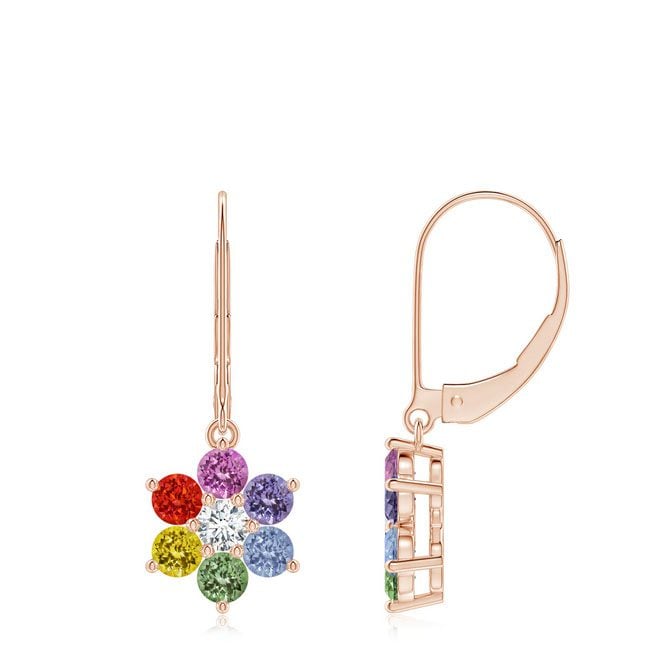Spectra Round Multi-Sapphire Floral Dangle Earrings with Diamond Angara