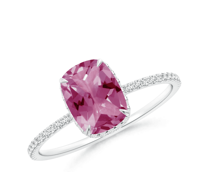 Thin Shank Cushion Cut Pink Tourmaline Ring With Diamond Accents Angara