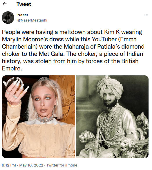 Emma Chamberlain gets backlash for wearing Maharaja of Patiala's diamond  choker to the Met Gala