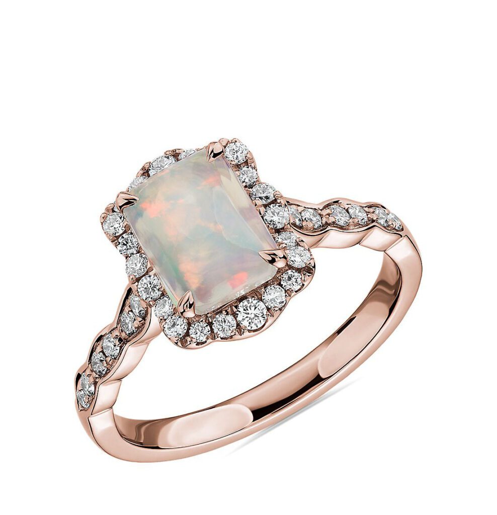 Emerald Cut Opal Ring with Diamond Halo in 14k Rose Gold Blue Nile
