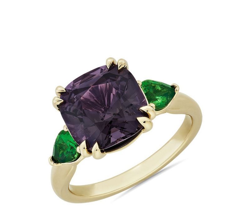 Spinel and Tsavorite Three Stone Ring in 18k Yellow Gold Blue NIle