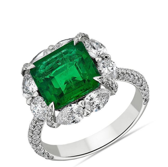 Emerald Ring with Pear-Cut Diamond Halo Blue Nile